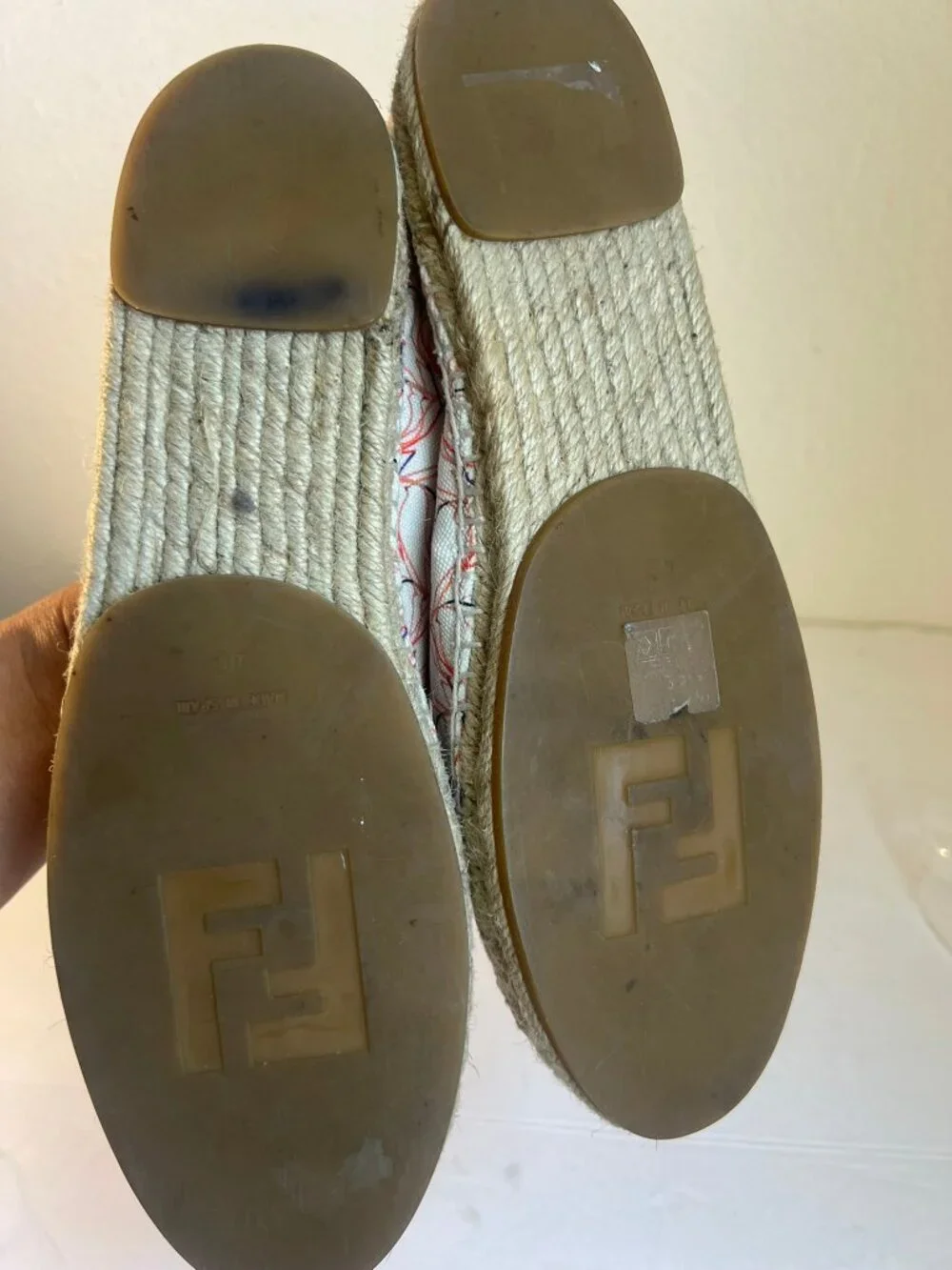 Fendi Pink White Navy Patterned Espadrille Flats